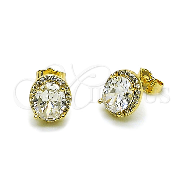 Oro Laminado Stud Earring, Gold Filled Style Cluster Design, with White Cubic Zirconia and White Micro Pave, Polished, Golden Finish, 02.195.0388