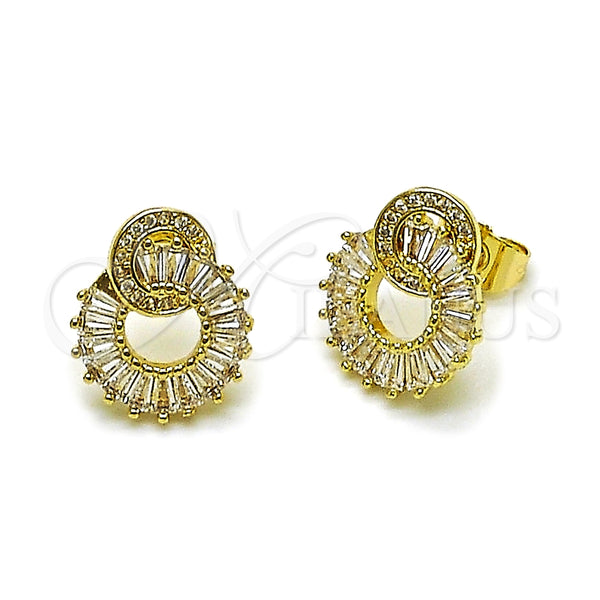 Oro Laminado Stud Earring, Gold Filled Style Baguette Design, with White Cubic Zirconia and White Micro Pave, Polished, Golden Finish, 02.266.0080