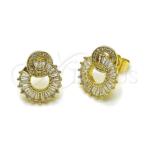 Oro Laminado Stud Earring, Gold Filled Style Baguette Design, with White Cubic Zirconia and White Micro Pave, Polished, Golden Finish, 02.266.0080
