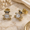 Oro Laminado Stud Earring, Gold Filled Style Teddy Bear and Heart Design, with White and Black Cubic Zirconia, Polished, Golden Finish, 02.266.0083
