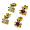 Oro Laminado Stud Earring, Gold Filled Style Teddy Bear and Heart Design, with Garnet and White Cubic Zirconia, Polished, Golden Finish, 02.266.0083.1