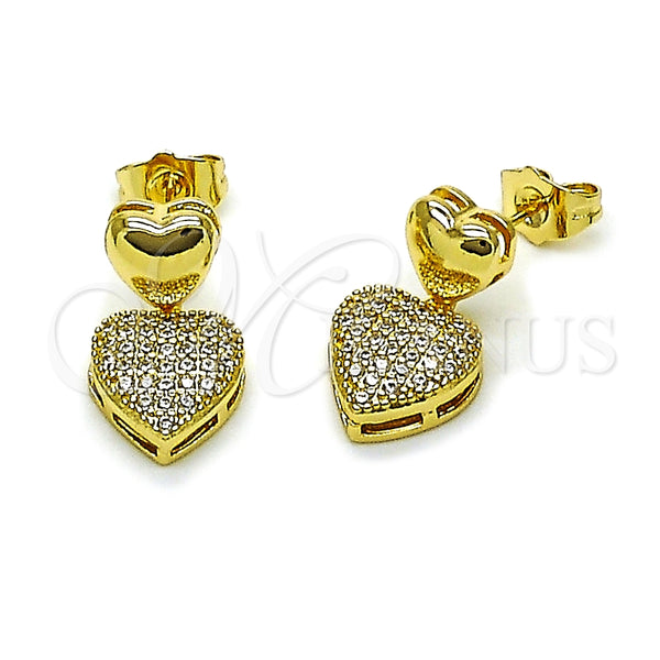 Oro Laminado Dangle Earring, Gold Filled Style Heart Design, with White Cubic Zirconia, Polished, Golden Finish, 02.283.0395