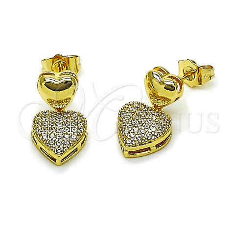 Oro Laminado Dangle Earring, Gold Filled Style Heart Design, with White Cubic Zirconia, Polished, Golden Finish, 02.283.0395