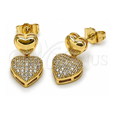 Oro Laminado Dangle Earring, Gold Filled Style Heart Design, with White Cubic Zirconia, Polished, Golden Finish, 02.283.0395