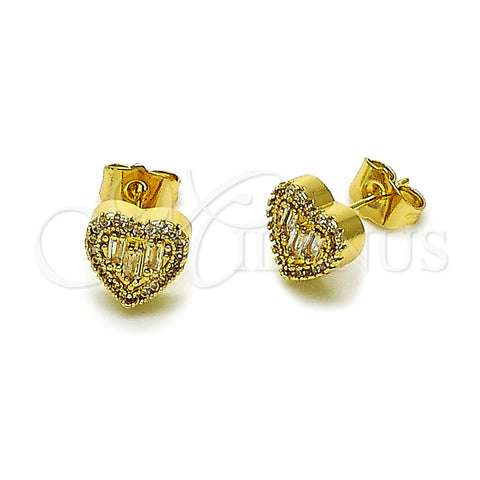 Oro Laminado Stud Earring, Gold Filled Style Heart and Baguette Design, with White Cubic Zirconia, Polished, Golden Finish, 02.283.0396