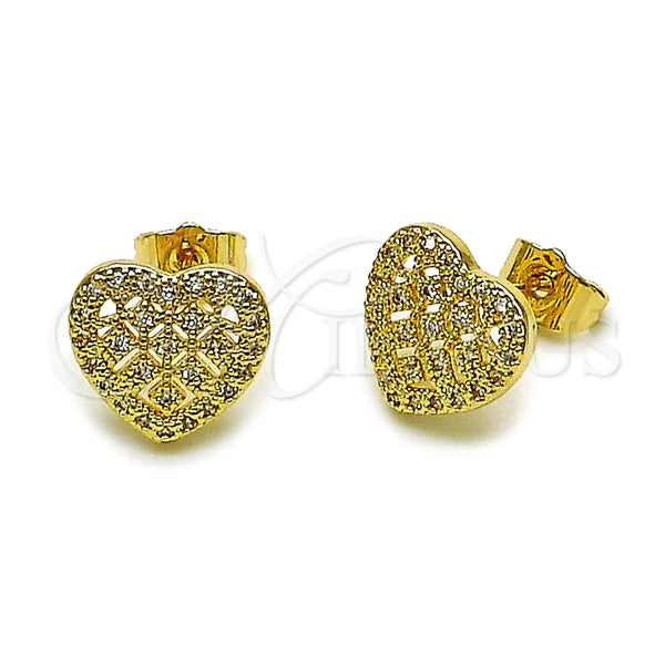 Oro Laminado Stud Earring, Gold Filled Style Heart Design, with White Cubic Zirconia, Polished, Golden Finish, 02.283.0397
