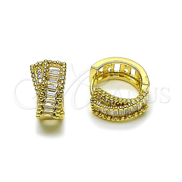 Oro Laminado Huggie Hoop, Gold Filled Style Baguette Design, with White Cubic Zirconia, Polished, Golden Finish, 02.283.0401.16