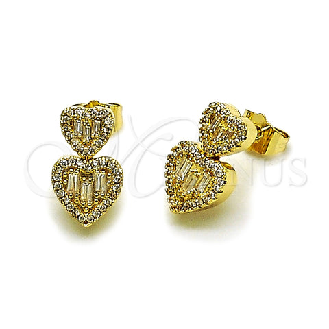 Oro Laminado Stud Earring, Gold Filled Style Heart and Baguette Design, with White Cubic Zirconia, Polished, Golden Finish, 02.283.0402