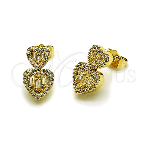 Oro Laminado Stud Earring, Gold Filled Style Heart and Baguette Design, with White Cubic Zirconia, Polished, Golden Finish, 02.283.0402