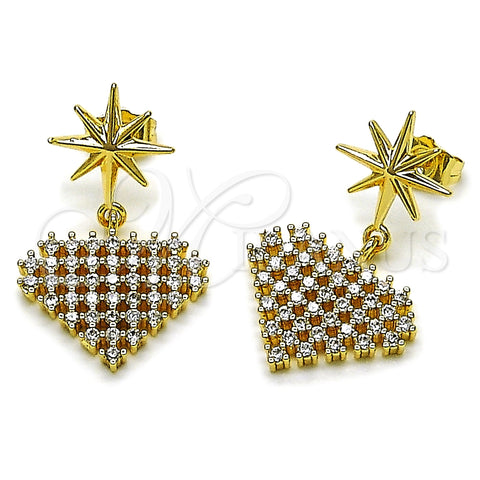 Oro Laminado Dangle Earring, Gold Filled Style Heart and Star Design, with White Cubic Zirconia, Polished, Golden Finish, 02.283.0404