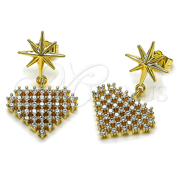 Oro Laminado Dangle Earring, Gold Filled Style Heart and Star Design, with White Cubic Zirconia, Polished, Golden Finish, 02.283.0404