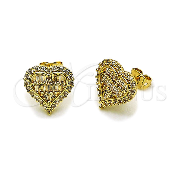 Oro Laminado Stud Earring, Gold Filled Style Heart and Baguette Design, with White Cubic Zirconia, Polished, Golden Finish, 02.283.0406