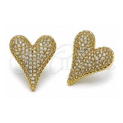 Oro Laminado Stud Earring, Gold Filled Style Heart Design, with White Cubic Zirconia, Polished, Golden Finish, 02.283.0411