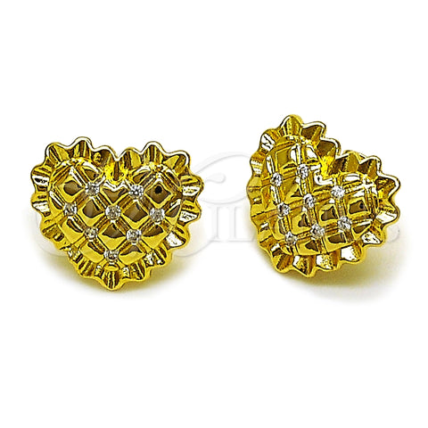 Oro Laminado Stud Earring, Gold Filled Style Heart Design, with White Cubic Zirconia, Diamond Cutting Finish, Golden Finish, 02.282.0129
