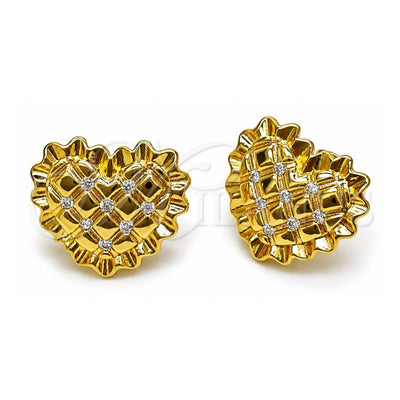 Oro Laminado Stud Earring, Gold Filled Style Heart Design, with White Cubic Zirconia, Diamond Cutting Finish, Golden Finish, 02.282.0129