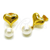 Oro Laminado Dangle Earring, Gold Filled Style Heart and Ball Design, with Ivory Pearl, Polished, Golden Finish, 02.282.0131