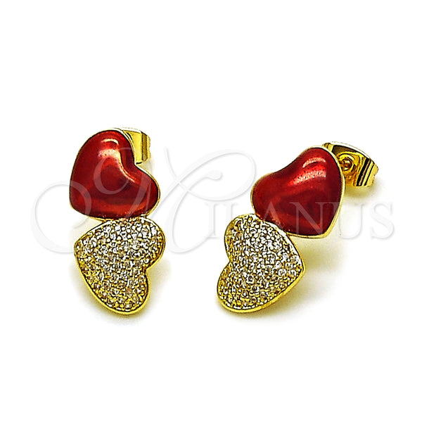 Oro Laminado Stud Earring, Gold Filled Style Heart Design, with White Micro Pave, Red Enamel Finish, Golden Finish, 02.282.0132