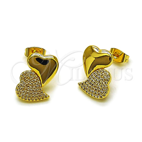 Oro Laminado Stud Earring, Gold Filled Style Heart Design, with White Micro Pave, Polished, Golden Finish, 02.282.0133