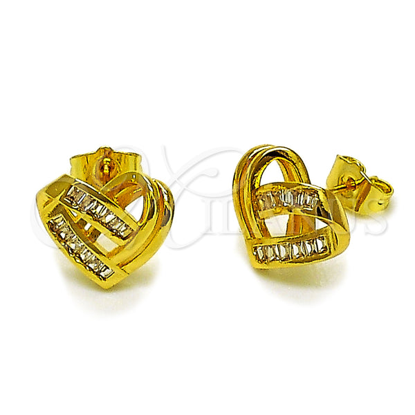 Oro Laminado Stud Earring, Gold Filled Style Heart and Baguette Design, with White Cubic Zirconia, Polished, Golden Finish, 02.282.0134