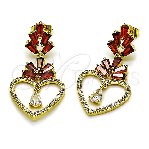 Oro Laminado Long Earring, Gold Filled Style Heart and Baguette Design, with Garnet Cubic Zirconia and White Micro Pave, Polished, Golden Finish, 02.282.0105.1