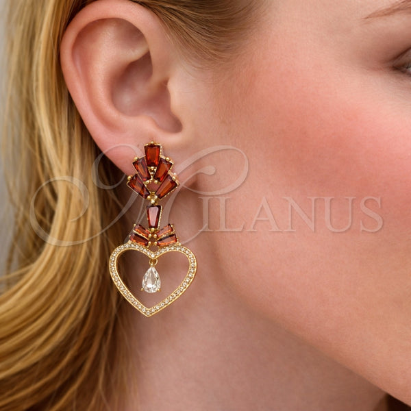 Gold Filled Ring — Long Earring Heart and Baguette Design with Garnet — alternate product view — SKU 163838 | Oro Laminado anillo — largo Earring corazón and Baguette diseño with Garnet — SKU 163838