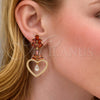 Oro Laminado Long Earring, Gold Filled Style Heart and Baguette Design, with Garnet Cubic Zirconia and White Micro Pave, Polished, Golden Finish, 02.282.0105.1