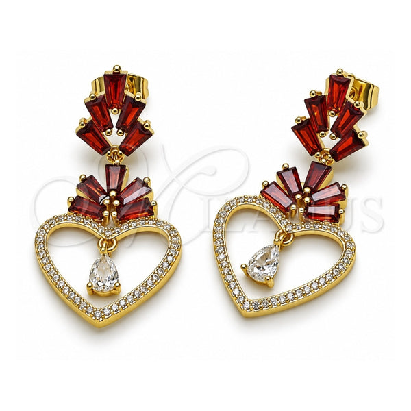Oro Laminado Long Earring, Gold Filled Style Heart and Baguette Design, with Garnet Cubic Zirconia and White Micro Pave, Polished, Golden Finish, 02.282.0105.1