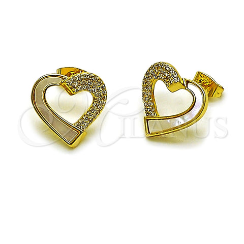 Oro Laminado Stud Earring, Gold Filled Style Heart Design, with Ivory Mother of Pearl and White Micro Pave, Polished, Golden Finish, 02.282.0136