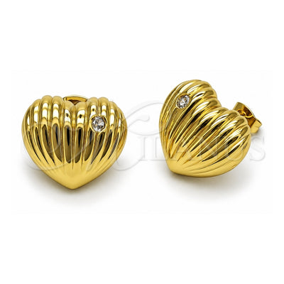 Oro Laminado Stud Earring, Gold Filled Style Heart Design, with White Cubic Zirconia, Polished, Golden Finish, 02.282.0137