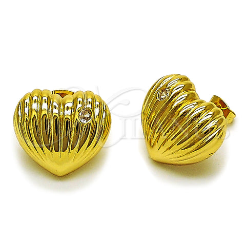 Oro Laminado Stud Earring, Gold Filled Style Heart Design, with White Cubic Zirconia, Polished, Golden Finish, 02.282.0137