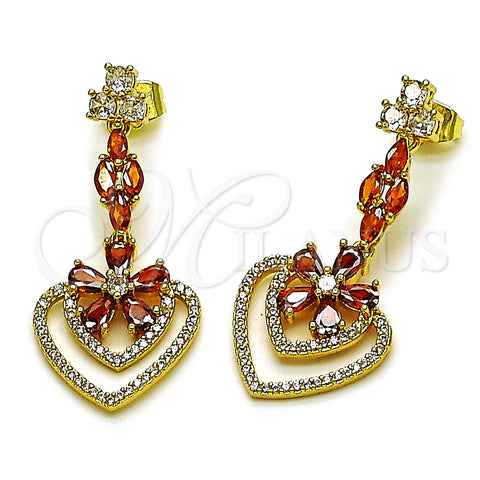 Oro Laminado Long Earring, Gold Filled Style Heart and Flower Design, with Garnet Cubic Zirconia and White Micro Pave, Polished, Golden Finish, 02.282.0138