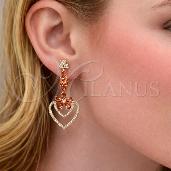 Gold Filled Ring — Long Earring Heart and Flower Design with Garnet — alternate product view — SKU 163842 | Oro Laminado anillo — largo Earring corazón and flor diseño with Garnet — SKU 163842