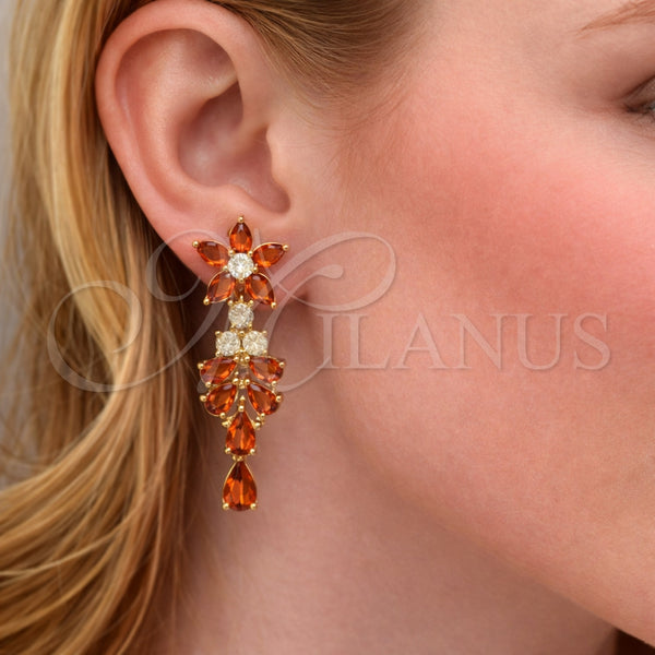 Gold Filled Ring — Long Earring Flower and Teardrop Design with Garnet — alternate product view — SKU 163844 | Oro Laminado anillo — largo Earring flor and Teardrop diseño with Garnet — SKU 163844