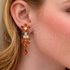 Oro Laminado Long Earring, Gold Filled Style Flower and Teardrop Design, with Garnet and White Cubic Zirconia, Polished, Golden Finish, 02.282.0140