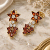 Oro Laminado Long Earring, Gold Filled Style Flower and Teardrop Design, with Garnet and White Cubic Zirconia, Polished, Golden Finish, 02.282.0140