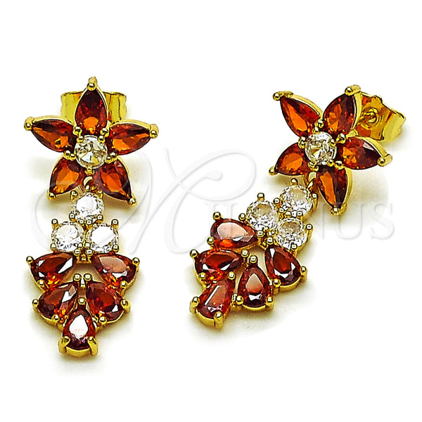 Gold Filled Ring — Long Earring Flower and Teardrop Design with Garnet — main product view — SKU 163844 | Oro Laminado anillo — largo Earring flor and Teardrop diseño with Garnet — SKU 163844