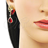Oro Laminado Long Earring, Gold Filled Style Leaf and Teardrop Design, with Garnet Cubic Zirconia and White Micro Pave, Polished, Golden Finish, 02.282.0142