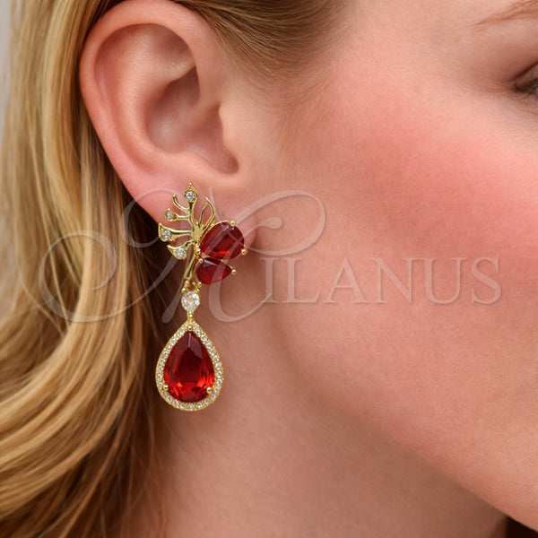Gold Filled Ring — Long Earring Leaf and Teardrop Design with Garnet — alternate product view — SKU 163846 | Oro Laminado anillo — largo Earring Leaf and Teardrop diseño with Garnet — SKU 163846