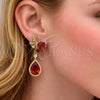 Oro Laminado Long Earring, Gold Filled Style Leaf and Teardrop Design, with Garnet Cubic Zirconia and White Micro Pave, Polished, Golden Finish, 02.282.0142