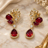Oro Laminado Long Earring, Gold Filled Style Leaf and Teardrop Design, with Garnet Cubic Zirconia and White Micro Pave, Polished, Golden Finish, 02.282.0142