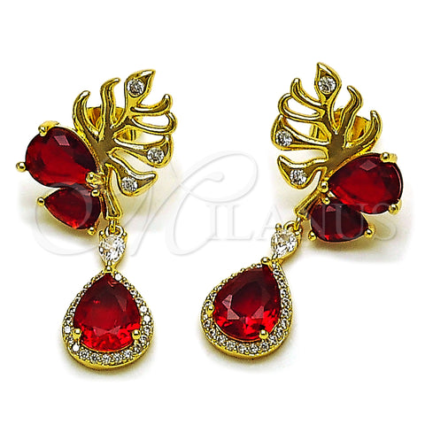 Oro Laminado Long Earring, Gold Filled Style Leaf and Teardrop Design, with Garnet Cubic Zirconia and White Micro Pave, Polished, Golden Finish, 02.282.0142