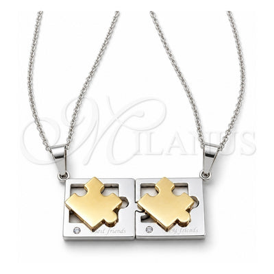 Stainless Steel Pendant Necklace, Love Design, with White Crystal, Polished, Two Tone, 04.116.0066 (Thickness, 22 Inches Length)