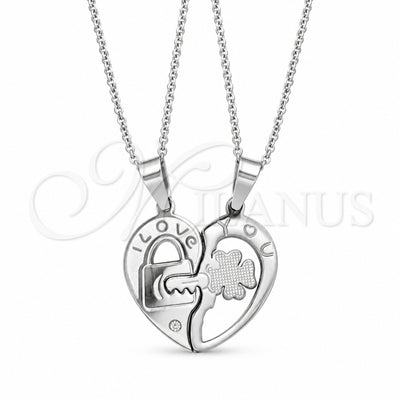 Stainless Steel Pendant Necklace, Heart Design, with White Crystal, Polished, Rhodium Finish, 04.116.0067 for wholesale, main product view