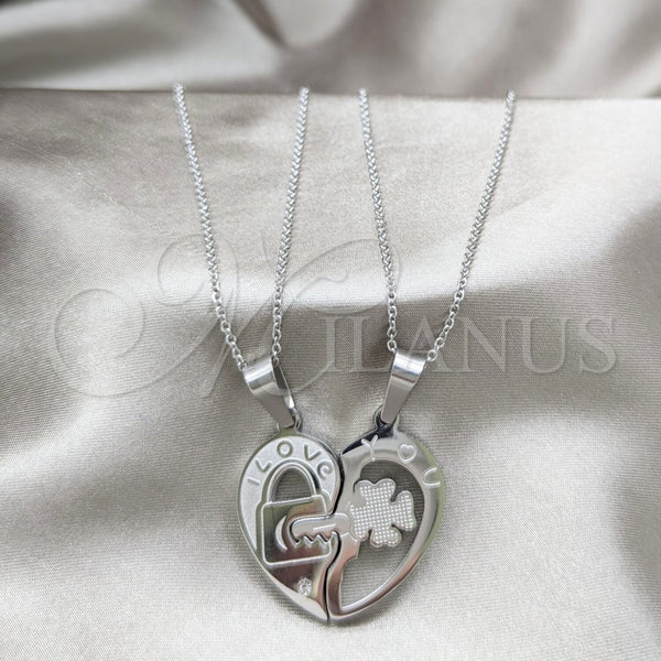 Stainless Steel Necklace — Pendant Necklace Heart Design with White Crystal Polished — main product view — SKU 163852 | Acero Inoxidable collar — Pendant Necklace corazón diseño with cristal blanco pulido — SKU 163852