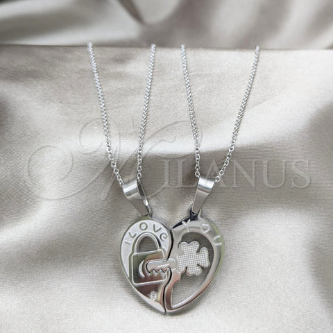 Stainless Steel Pendant Necklace, Heart Design, with White Crystal, Polished, Rhodium Finish, 04.116.0067 (Thickness, 22 Inches Length)