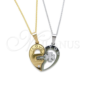 Stainless Steel Pendant Necklace, Heart Design, with White Crystal, Polished, Two Tone, 04.116.0067.1 (Thickness, 22 Inches Length)