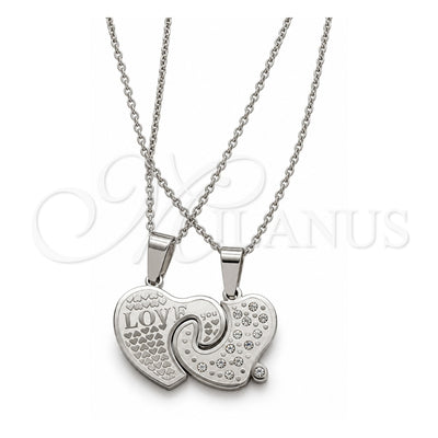 Stainless Steel Pendant Necklace, Heart Design, with White Crystal, Polished, Two Tone, 04.116.0069 (Thickness, 22 Inches Length)