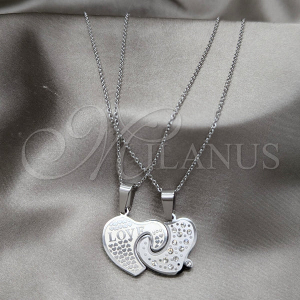 Stainless Steel Necklace — Pendant Necklace Heart Design with White Crystal Polished — main product view — SKU 163856 | Acero Inoxidable collar — Pendant Necklace corazón diseño with cristal blanco pulido — SKU 163856