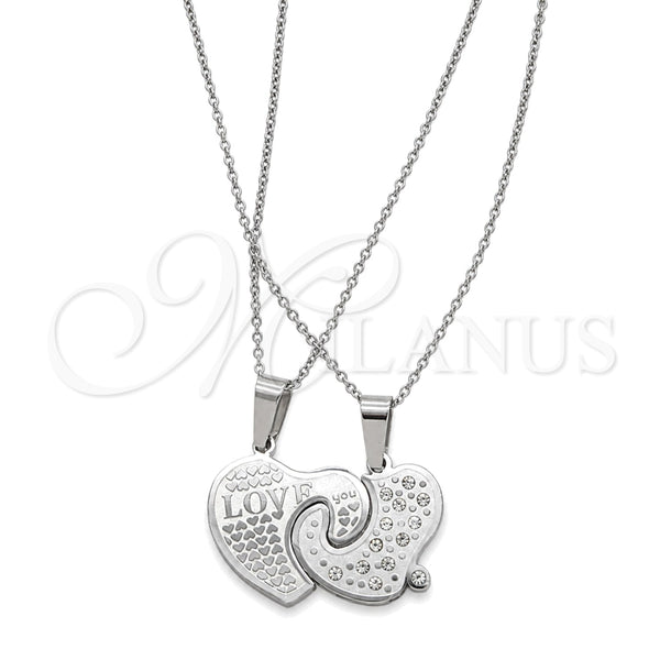 Stainless Steel Pendant Necklace, Heart Design, with White Crystal, Polished, Two Tone, 04.116.0069 (Thickness, 22 Inches Length)