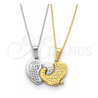 Stainless Steel Pendant Necklace, Heart Design, with White Crystal, Polished, Two Tone, 04.116.0069.1 (Thickness, 22 Inches Length)